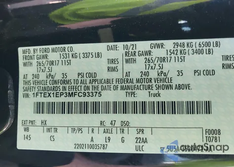 2021 Ford F-150 Xl z USA, uszkodzony, nr VIN 1FTEX1EP3MFC93375